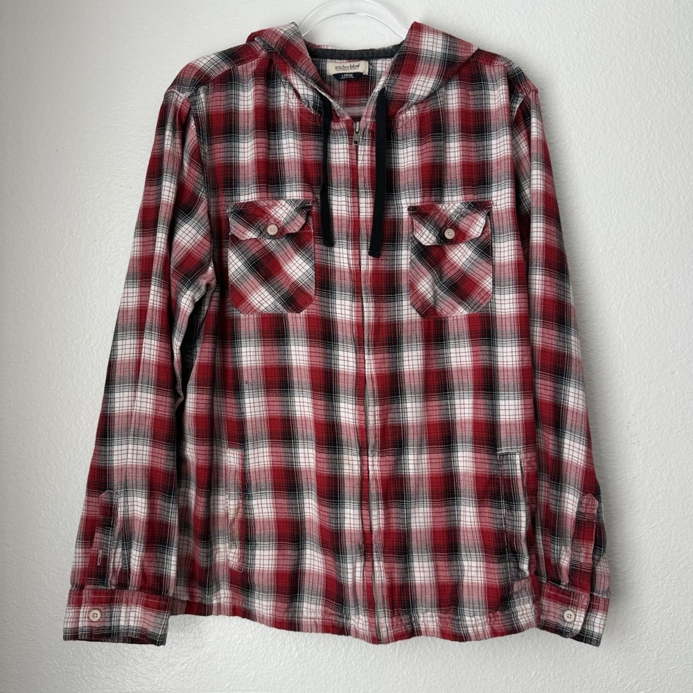 Anchor Blue Hoodie Mens Large Red Flannel Plaid Full Zip Large Grunge Streetwear